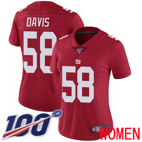 Women New York Giants 58 Tae Davis Red Limited Red Inverted Legend 100th Season Football NFL Jersey